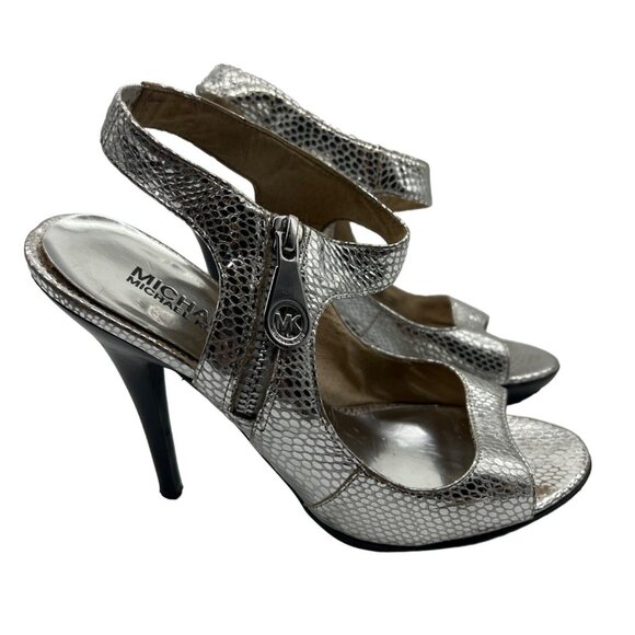 Michael Kors Silver Metallic Peep Toe Sandals Stiletto Heel Shoes Size 7.5 - Picture 1 of 7